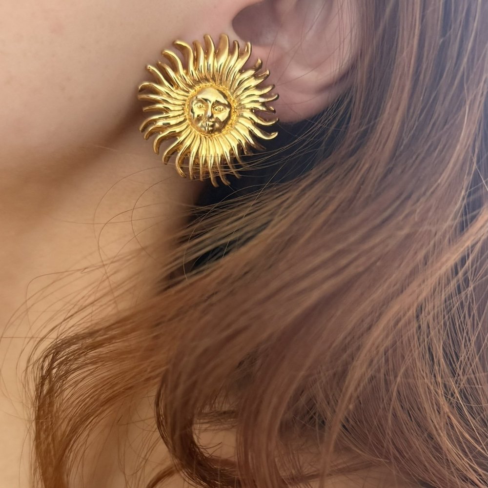 Vintage Gold Sun Statement Clip-On Earrings