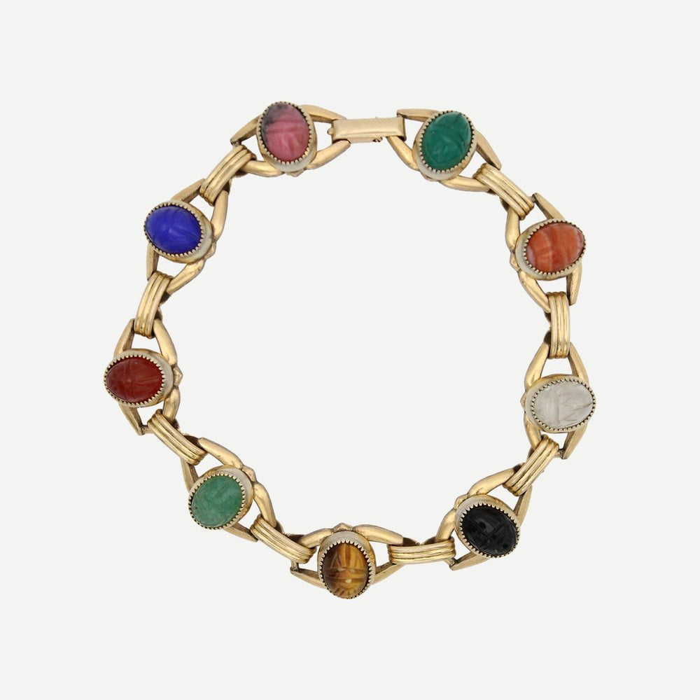 Vintage Gold-Filled Multi-Gemstone Scarab Bracelet