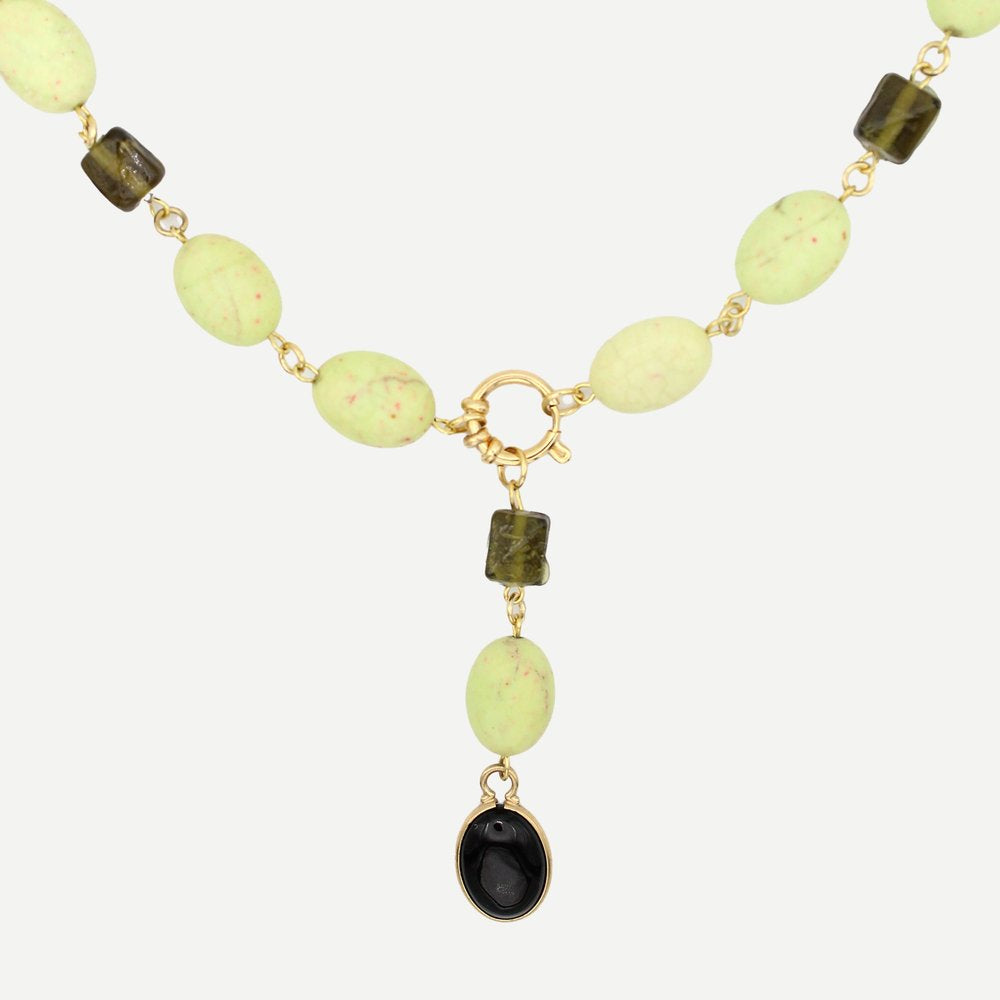 Handmade Unakite & Onyx Beaded Lariat Necklace