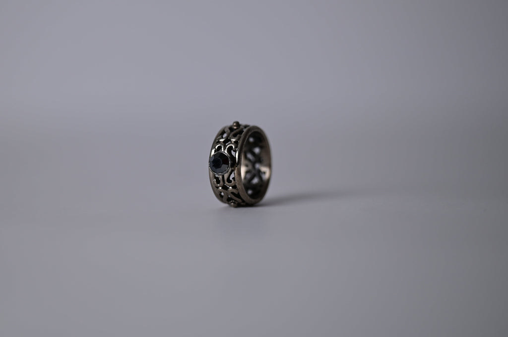 Victorian Silver Ring with Black Rhinestone
