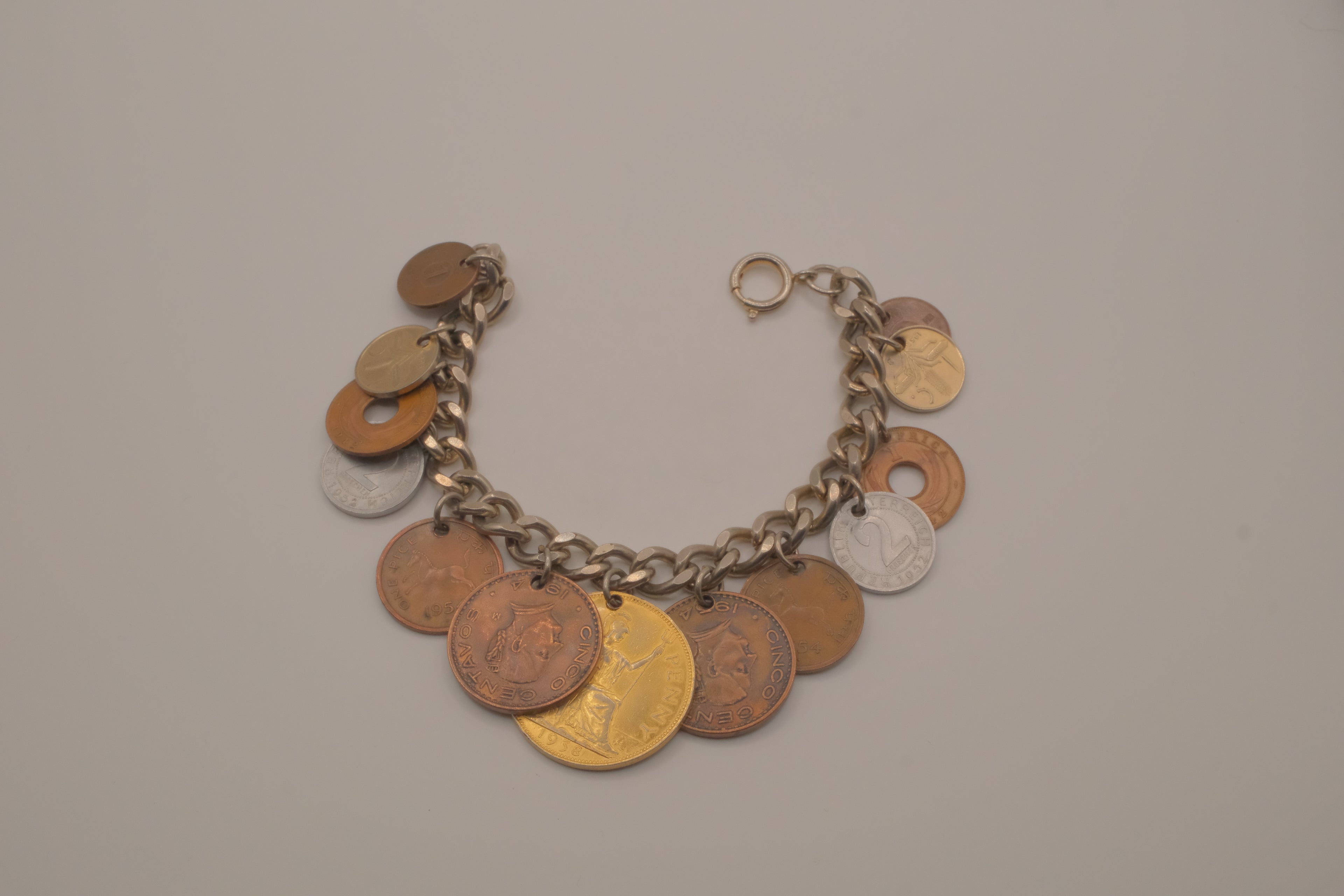 Vintage multi-country coin charm bracelet