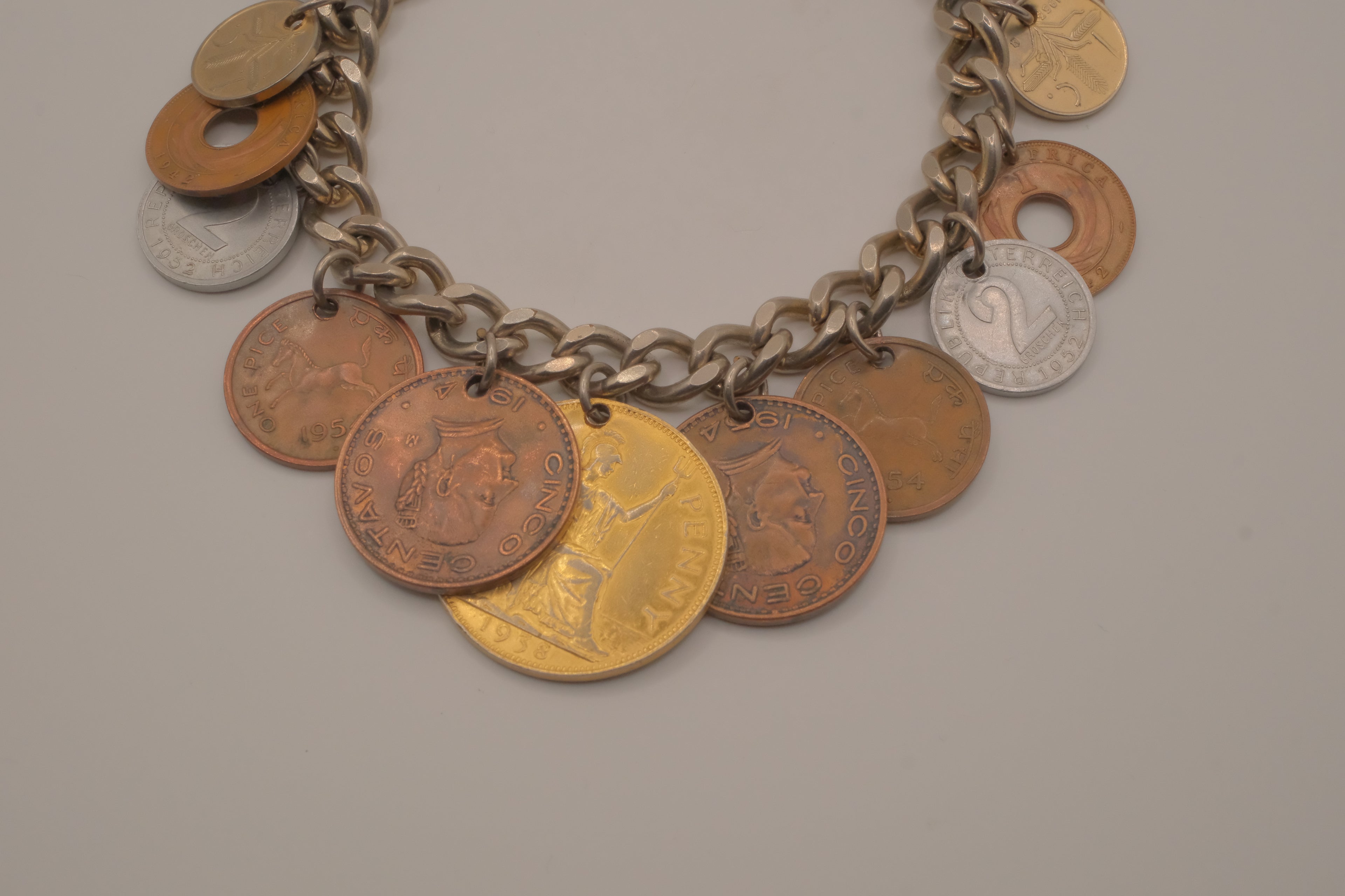 Vintage multi-country coin charm bracelet