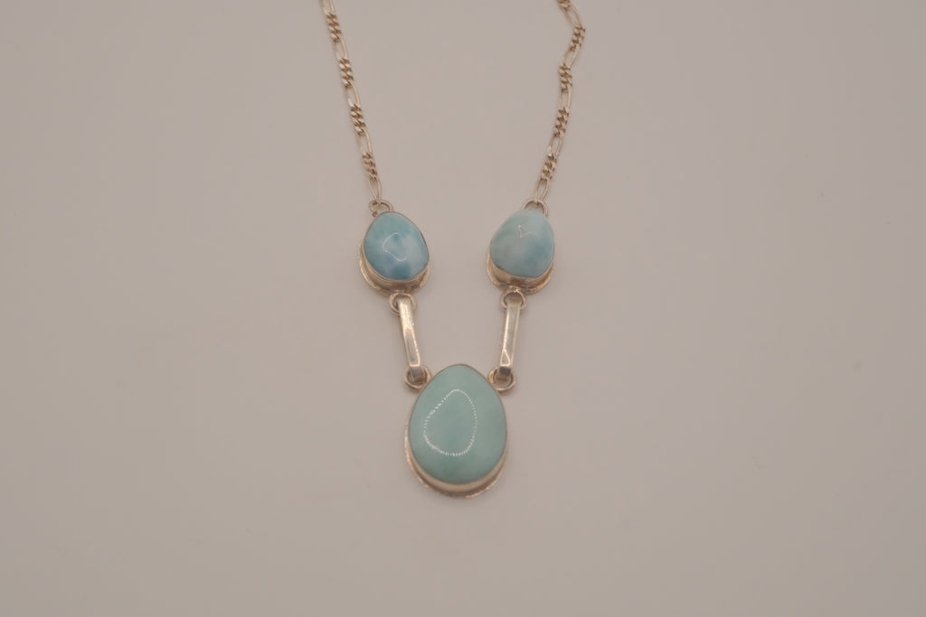 Larimar three-stone sterling silver drop necklace
