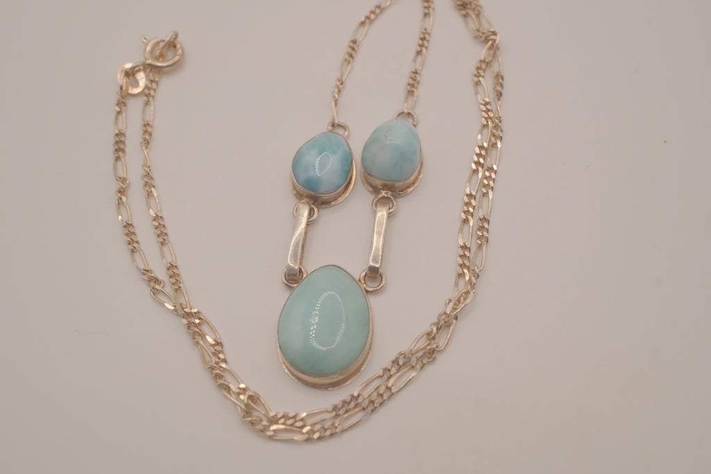 Larimar three-stone sterling silver drop necklace