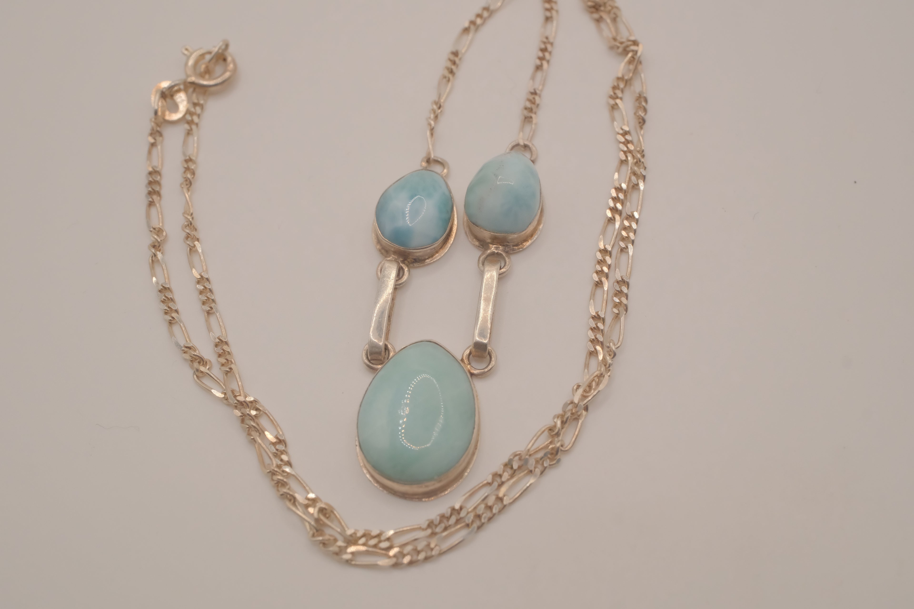 Larimar three-stone sterling silver drop necklace