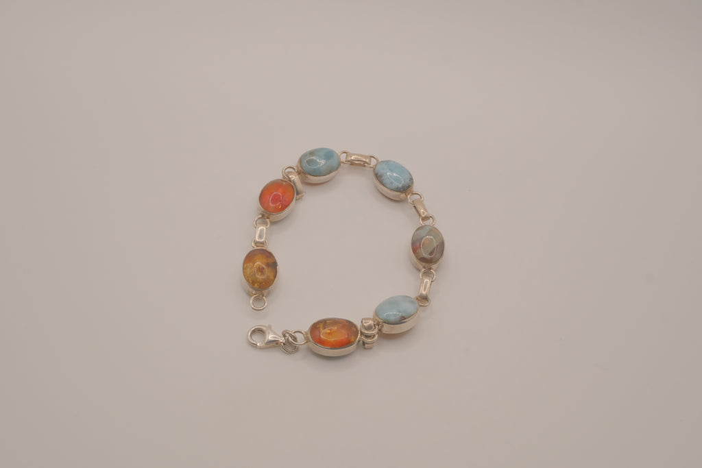 Double faced Larimar &amp; Amber Sterling Silver bracelet