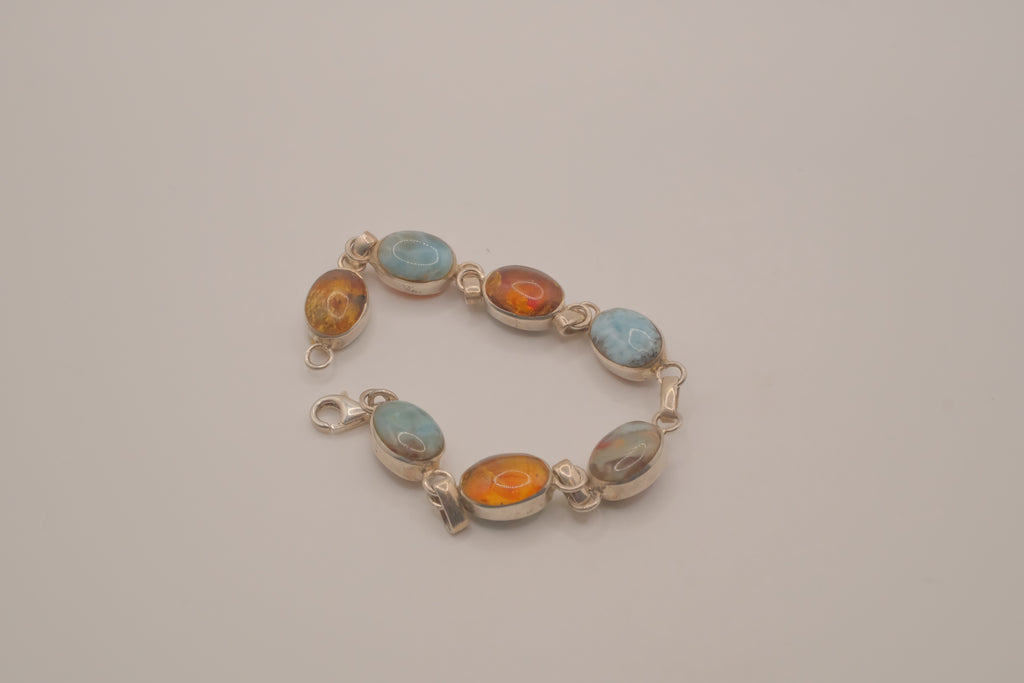 Double faced Larimar &amp; Amber Sterling Silver bracelet