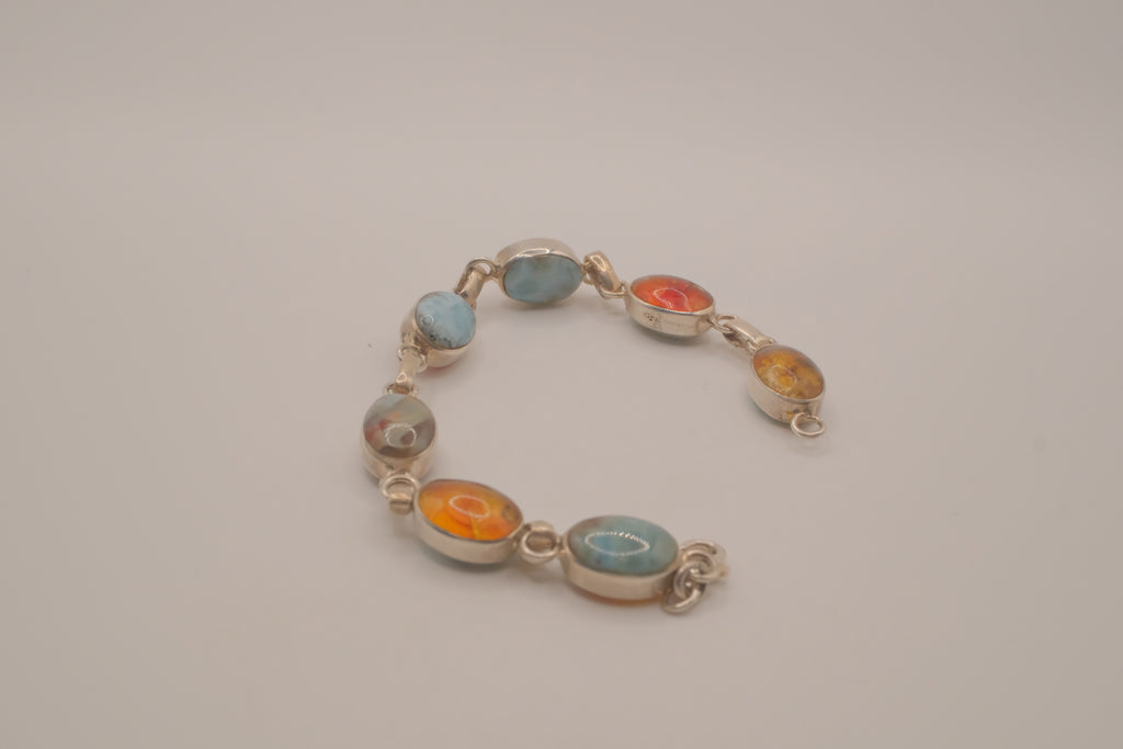 Double faced Larimar &amp; Amber Sterling Silver bracelet