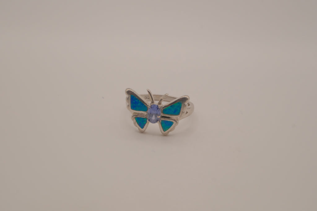 Sterling Silver Blue Opal Butterfly Ring
