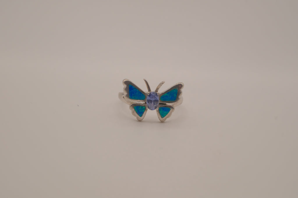 Sterling Silver Blue Opal Butterfly Ring