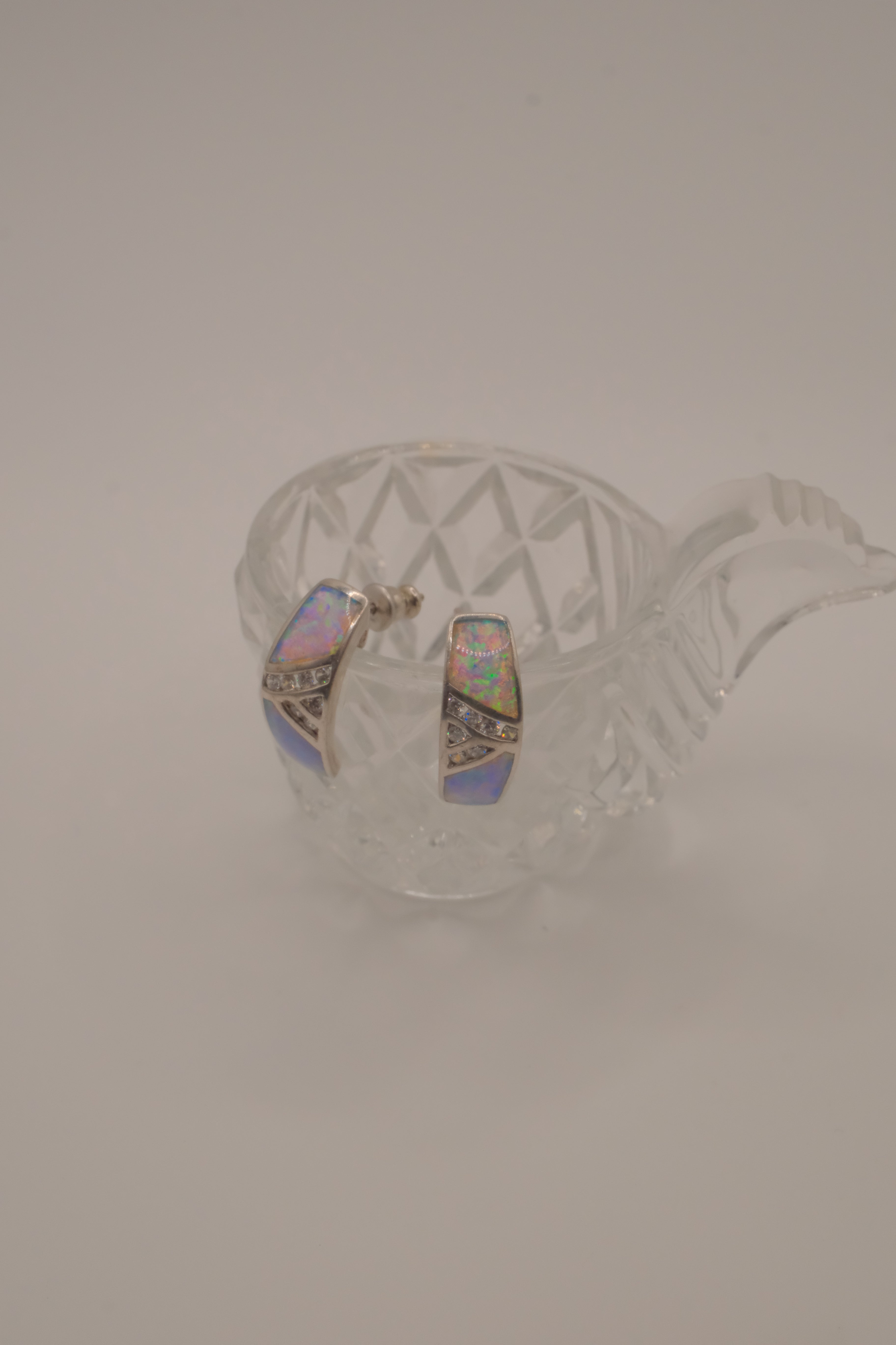 Sterling silver Zuni-style Native American opal inlay half-hoop post earrings