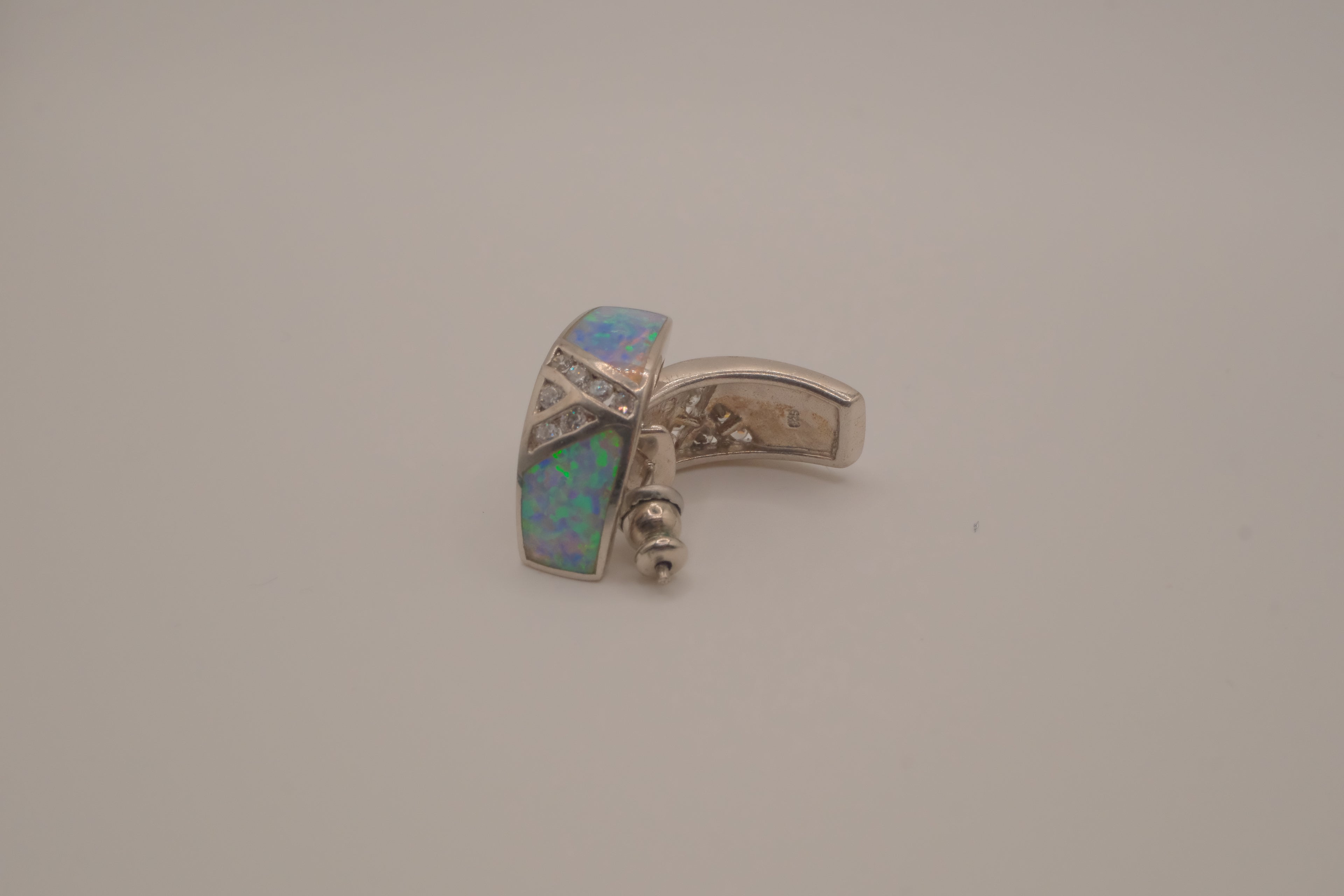 Sterling silver Zuni-style Native American opal inlay half-hoop post earrings