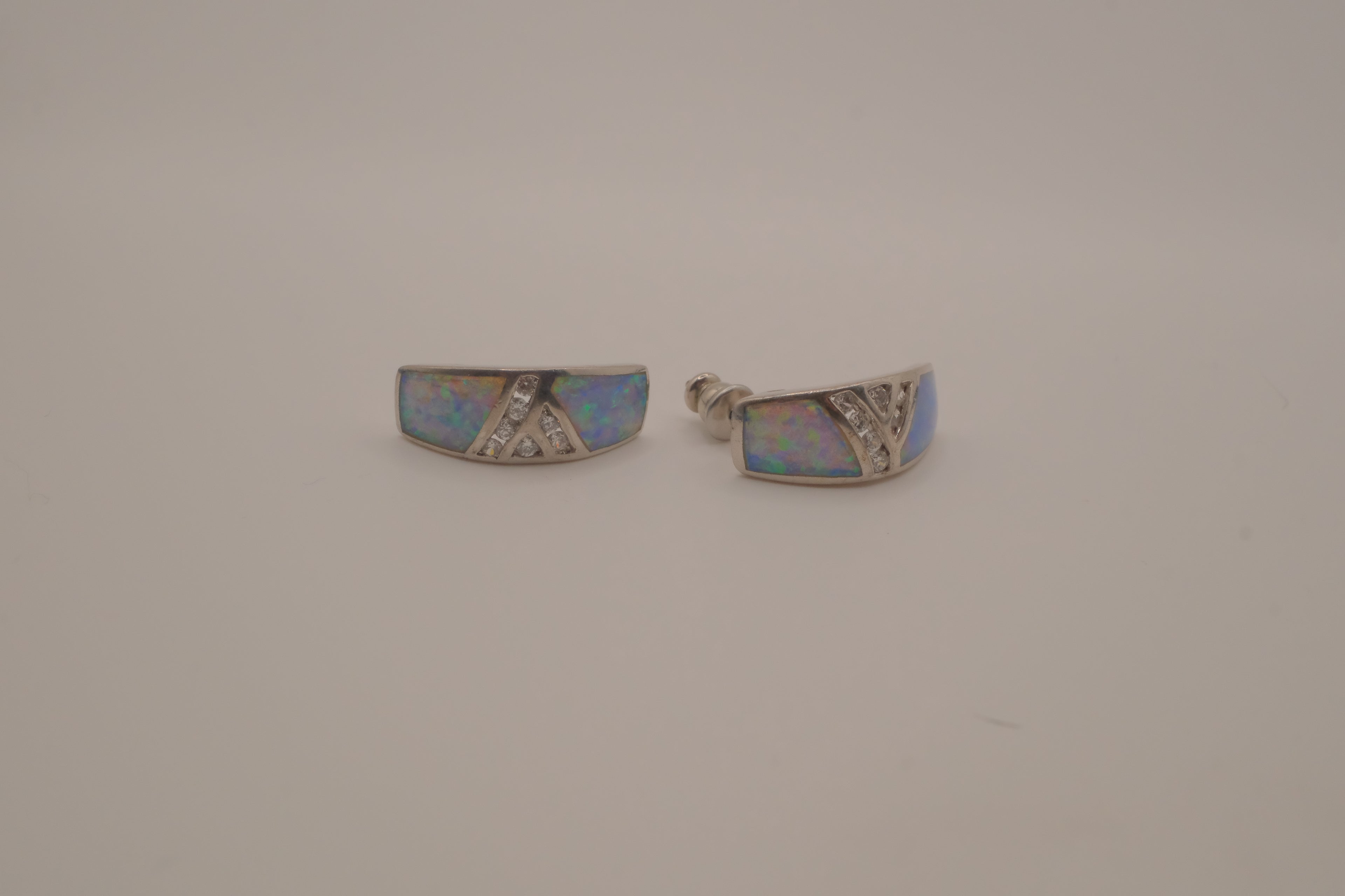 Sterling silver Zuni-style Native American opal inlay half-hoop post earrings
