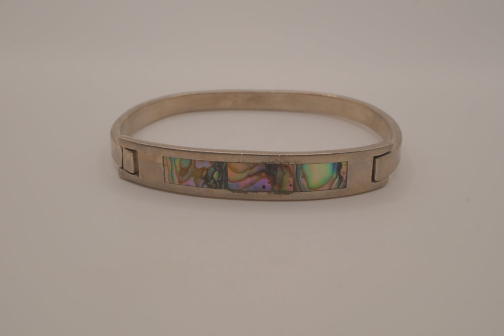 Vintage Mexican alpaca silver abalone shell inlay hook bangle bracelet