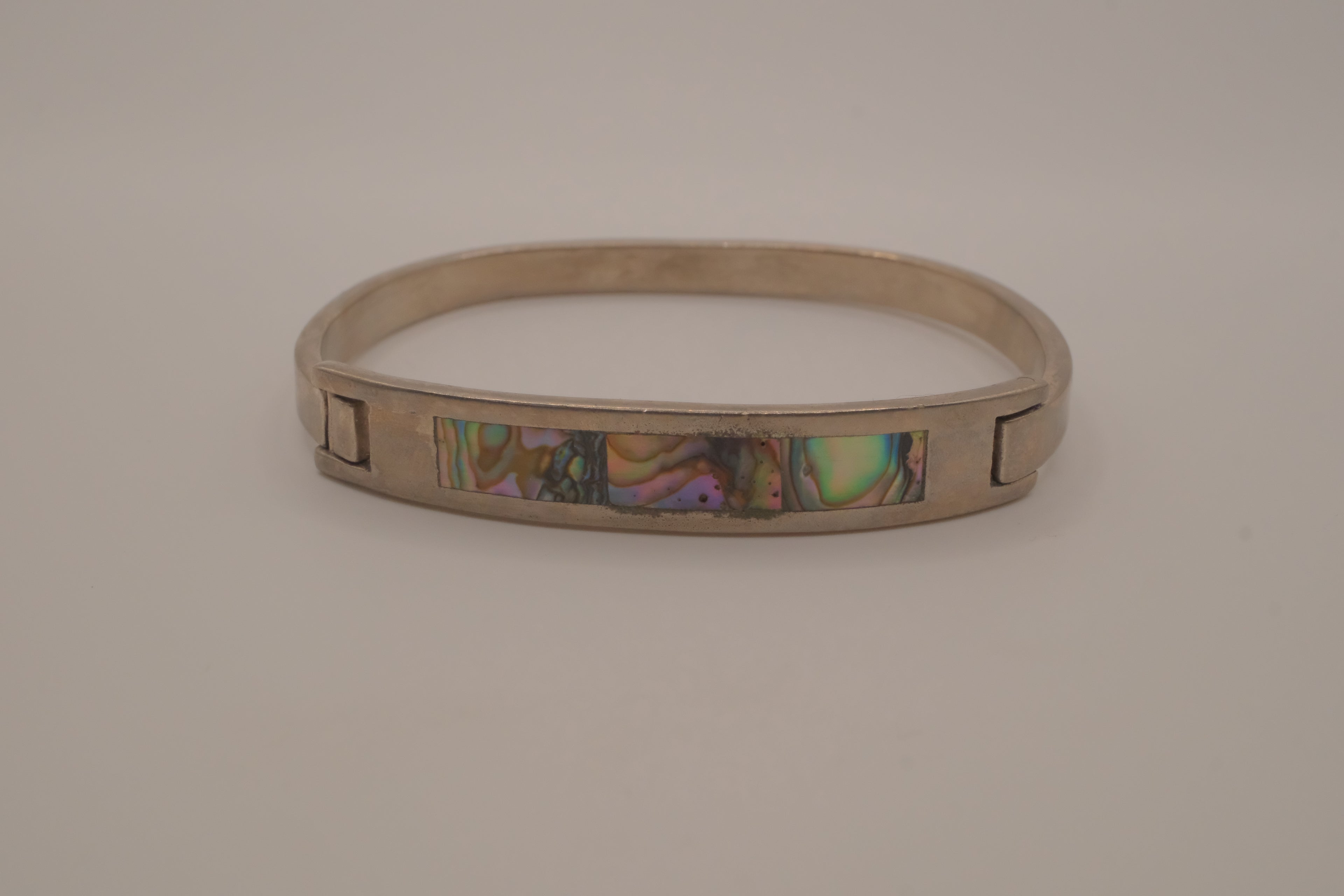 Vintage Mexican alpaca silver abalone shell inlay hook bangle bracelet