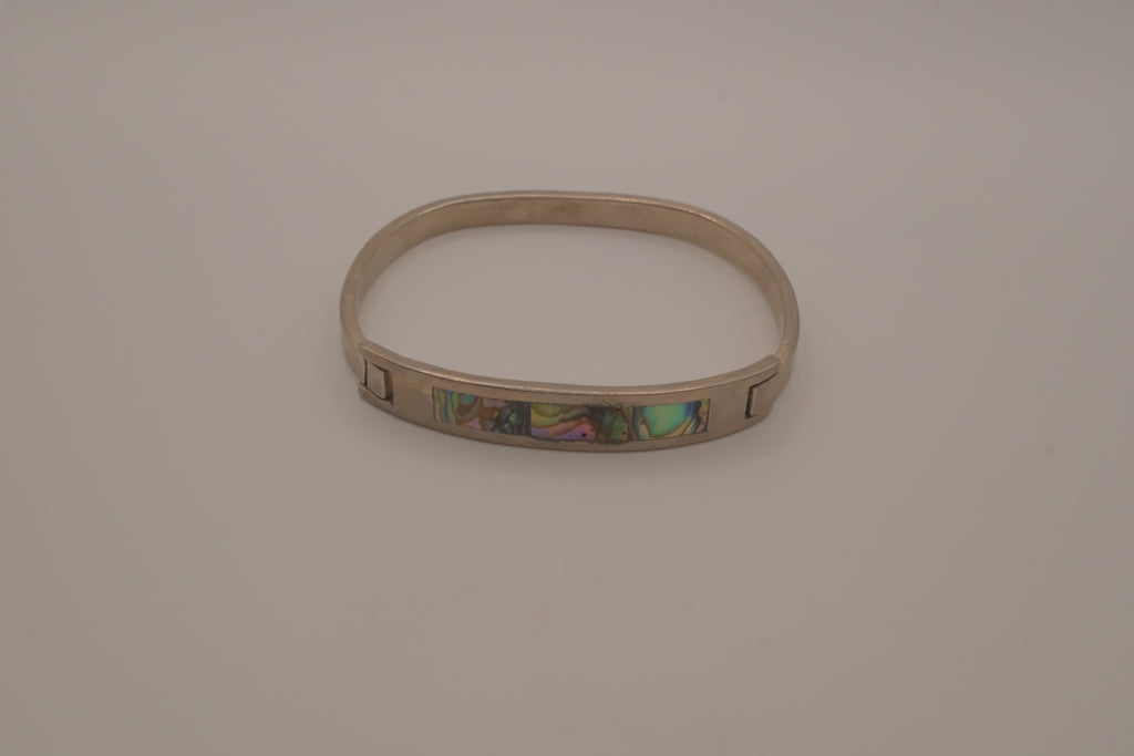 Vintage Mexican alpaca silver abalone shell inlay hook bangle bracelet