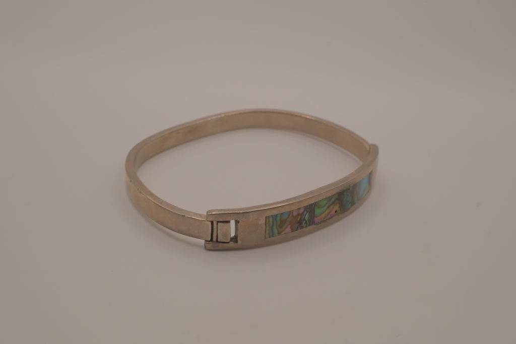 Vintage Mexican alpaca silver abalone shell inlay hook bangle bracelet