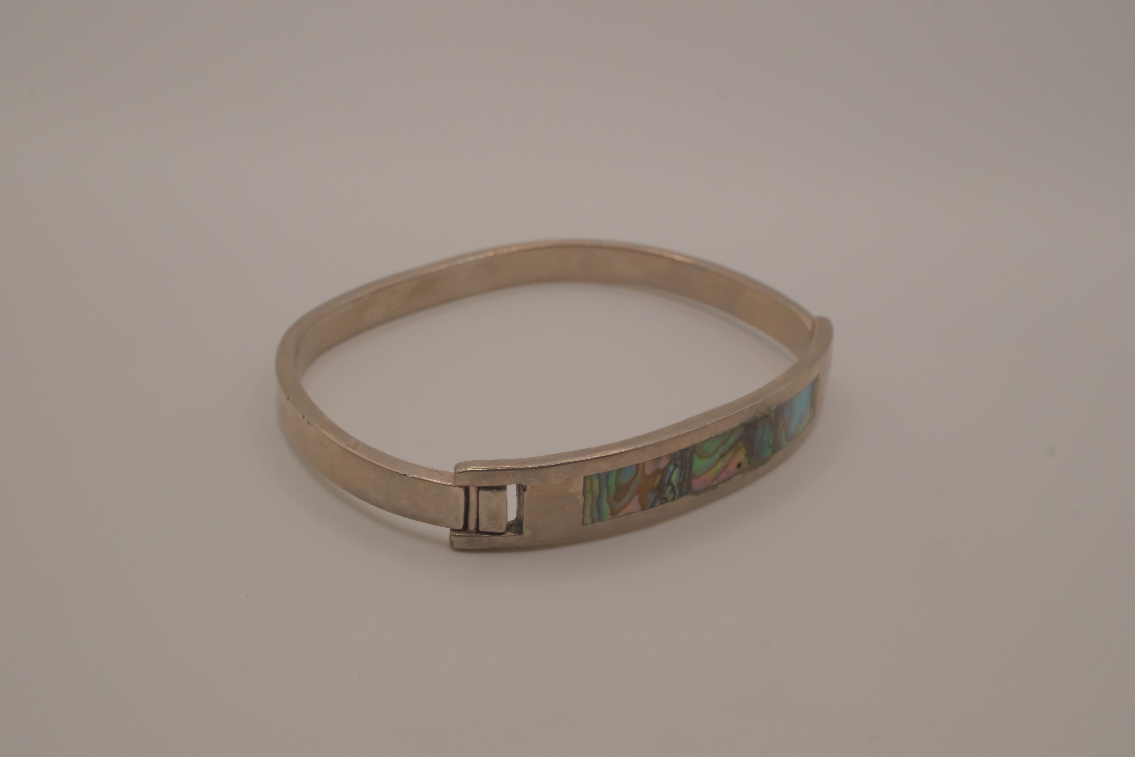 Vintage Mexican alpaca silver abalone shell inlay hook bangle bracelet