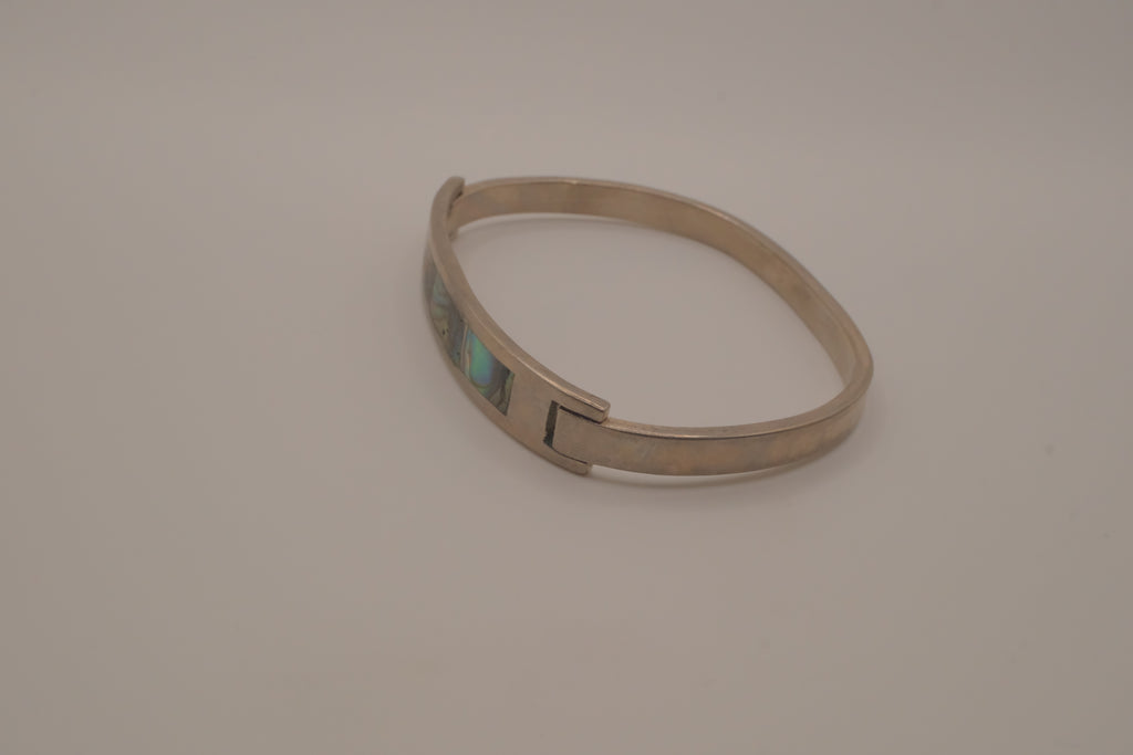 Vintage Mexican alpaca silver abalone shell inlay hook bangle bracelet