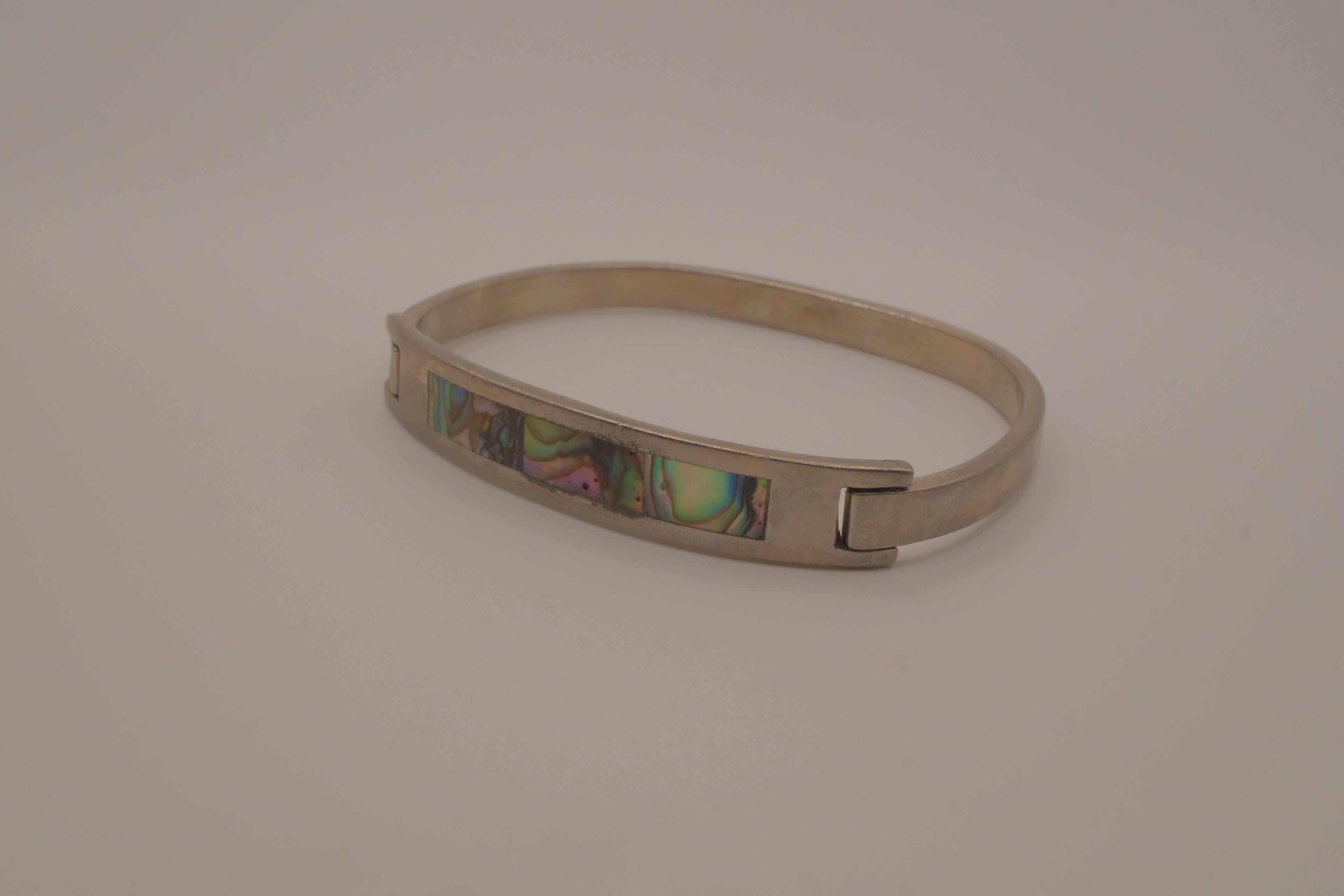 Vintage Mexican alpaca silver abalone shell inlay hook bangle bracelet