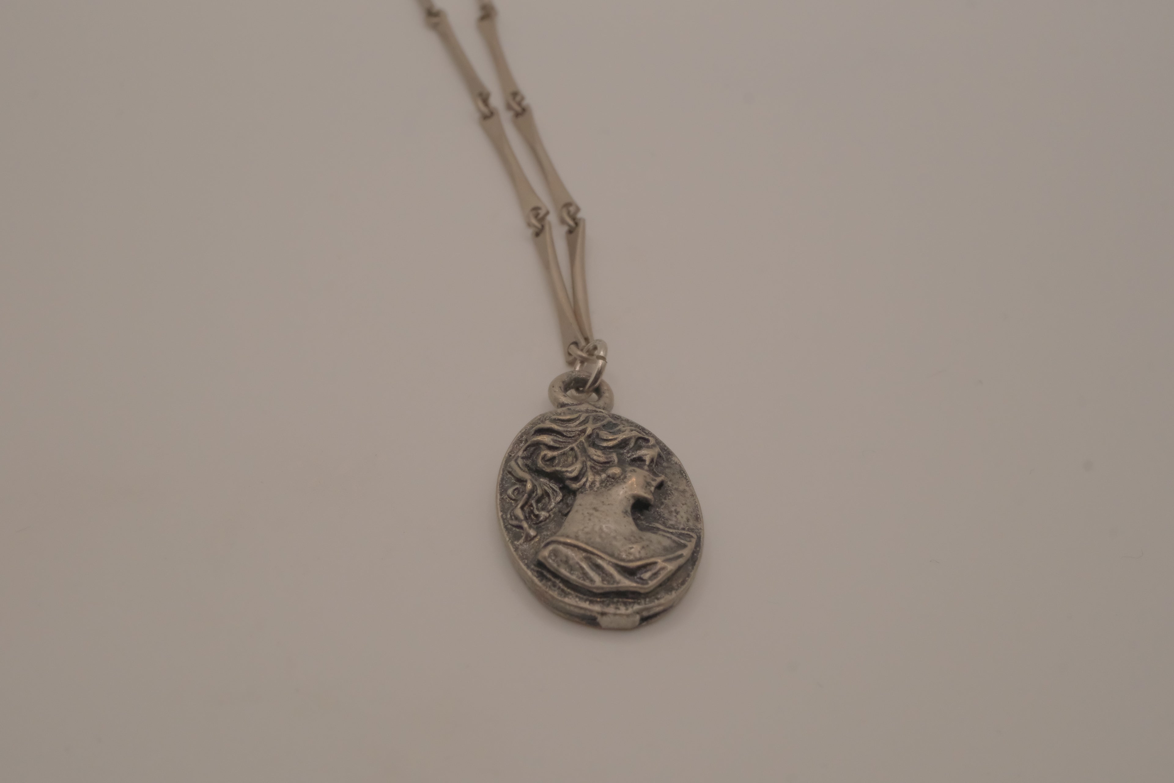 Vintage Art Nouveau-style pewter cameo necklace