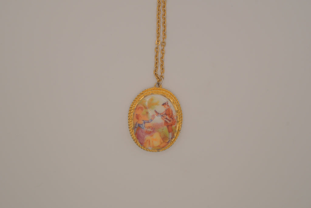 Limoges style porcelain cameo pendant necklace