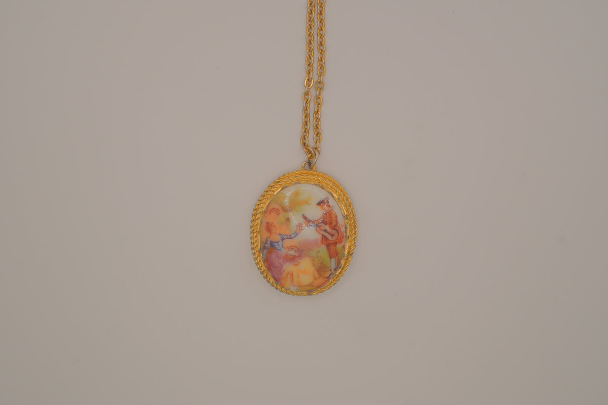 Limoges style porcelain cameo pendant necklace
