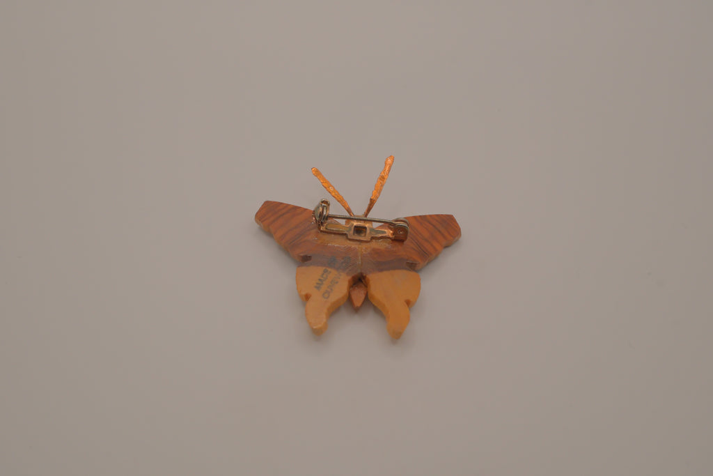 Hand-carved olive wood butterfly brooch