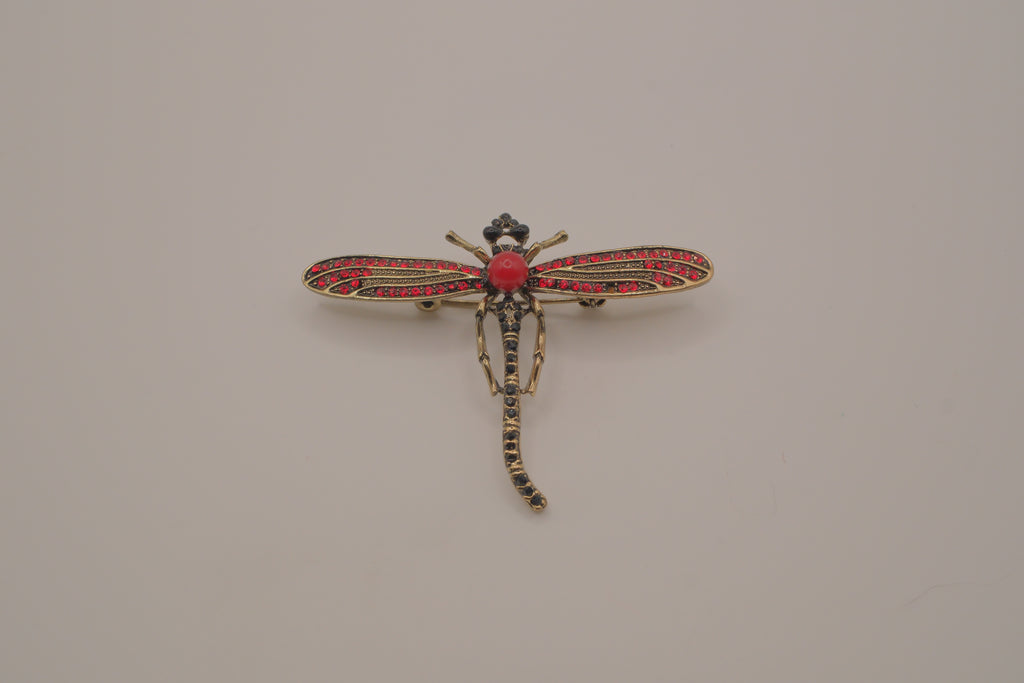 Vintage vibrant red Rhinestones dragonfly brooch