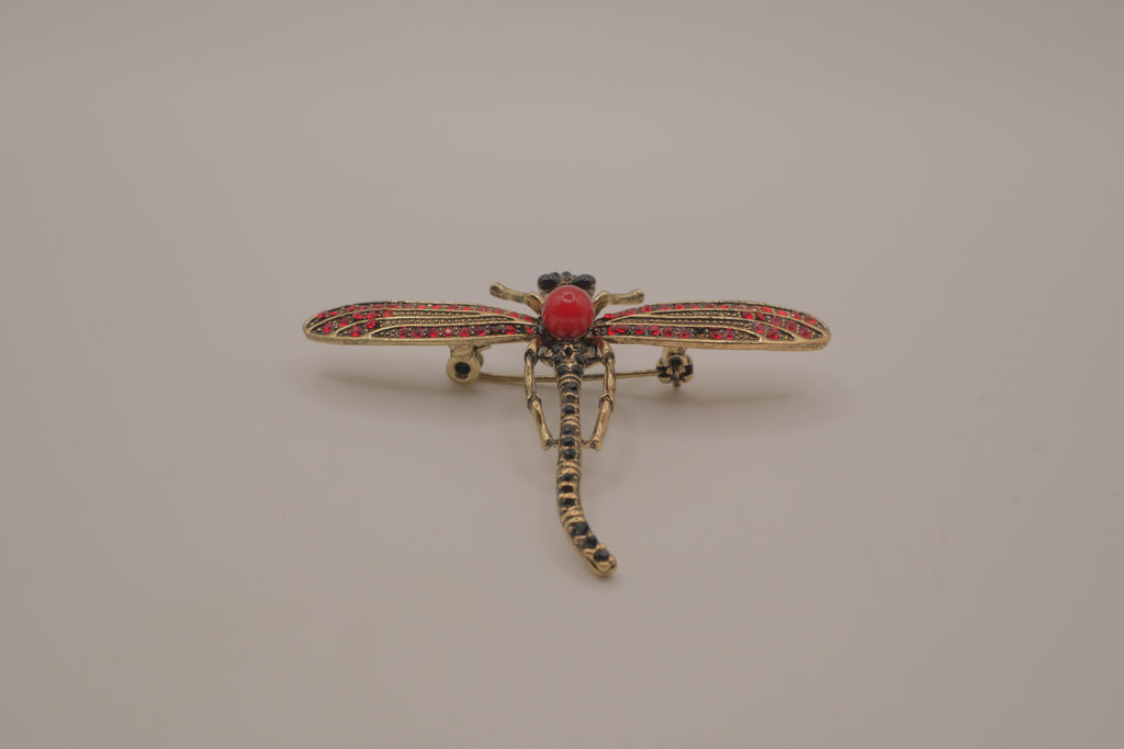 Vintage vibrant red Rhinestones dragonfly brooch