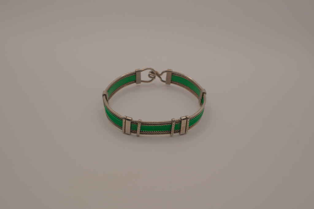 Vintage green enamel and silver panel link bracelet