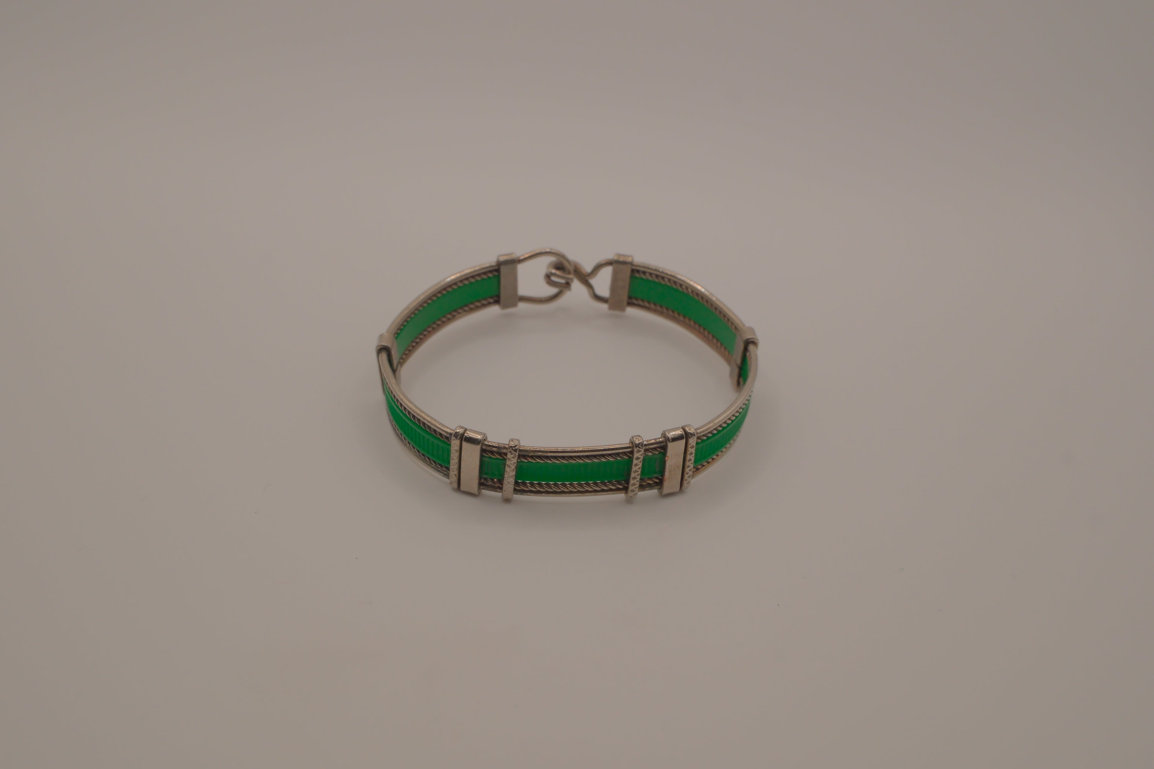 Vintage green enamel and silver panel link bracelet