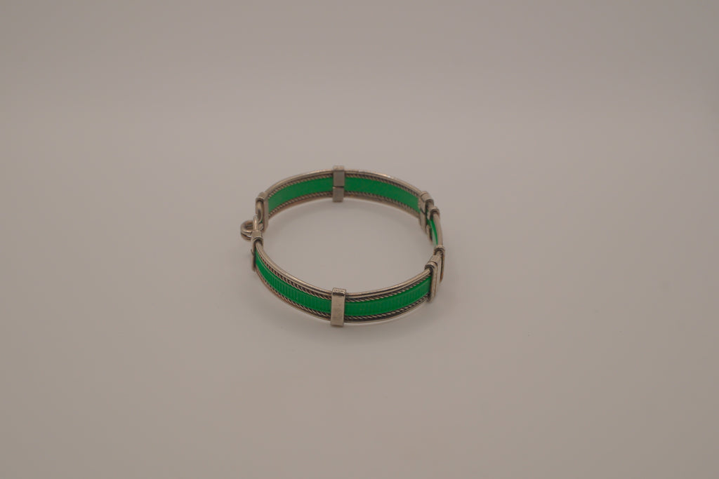 Vintage green enamel and silver panel link bracelet