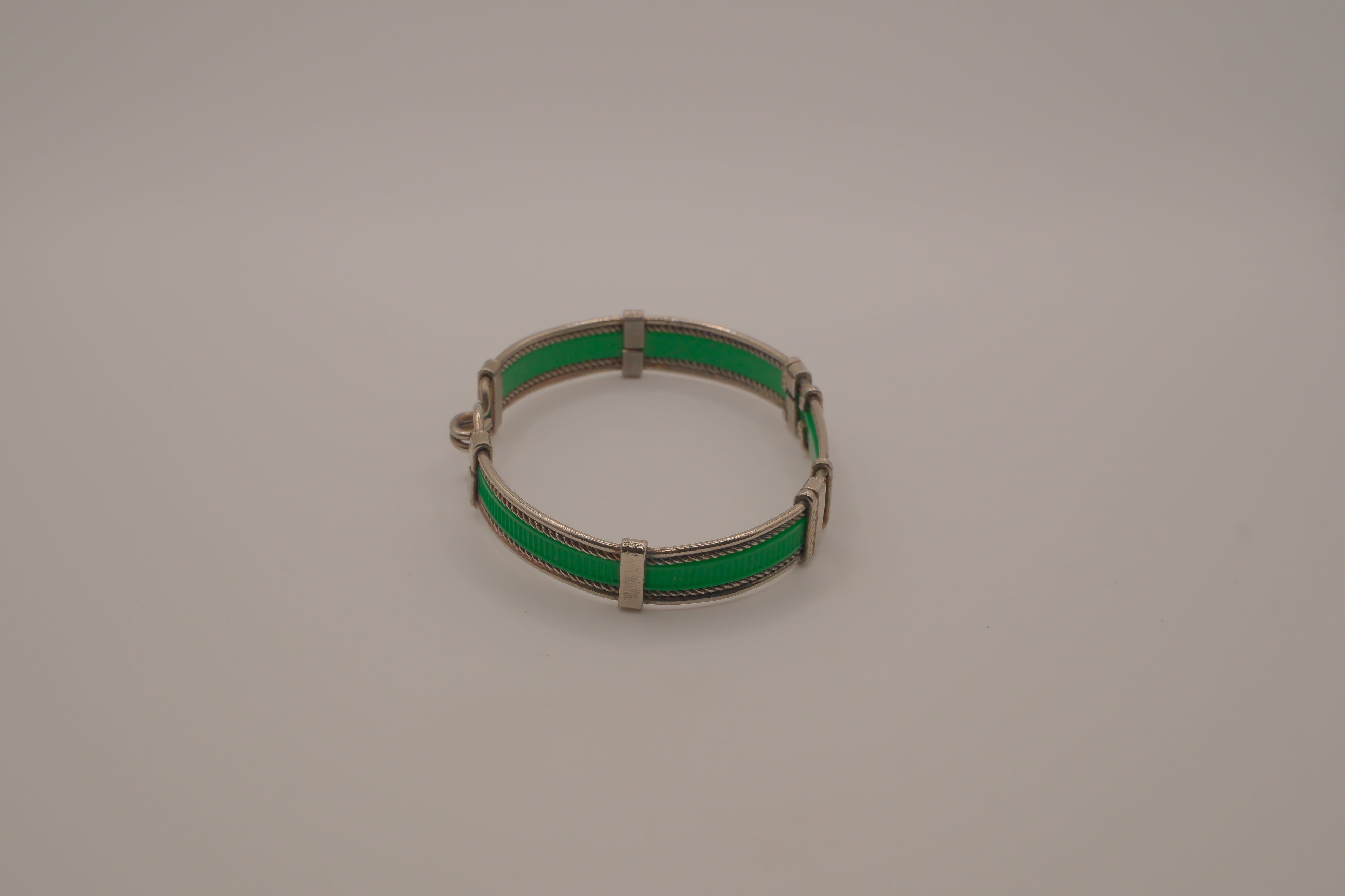 Vintage green enamel and silver panel link bracelet