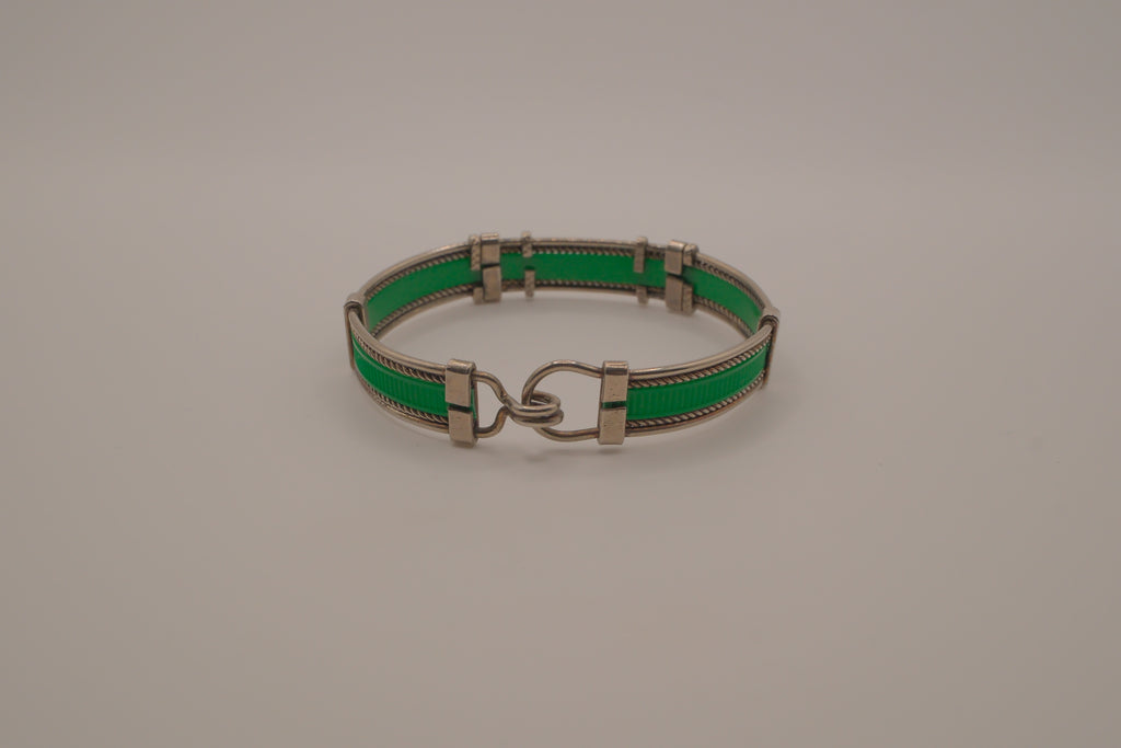 Vintage green enamel and silver panel link bracelet
