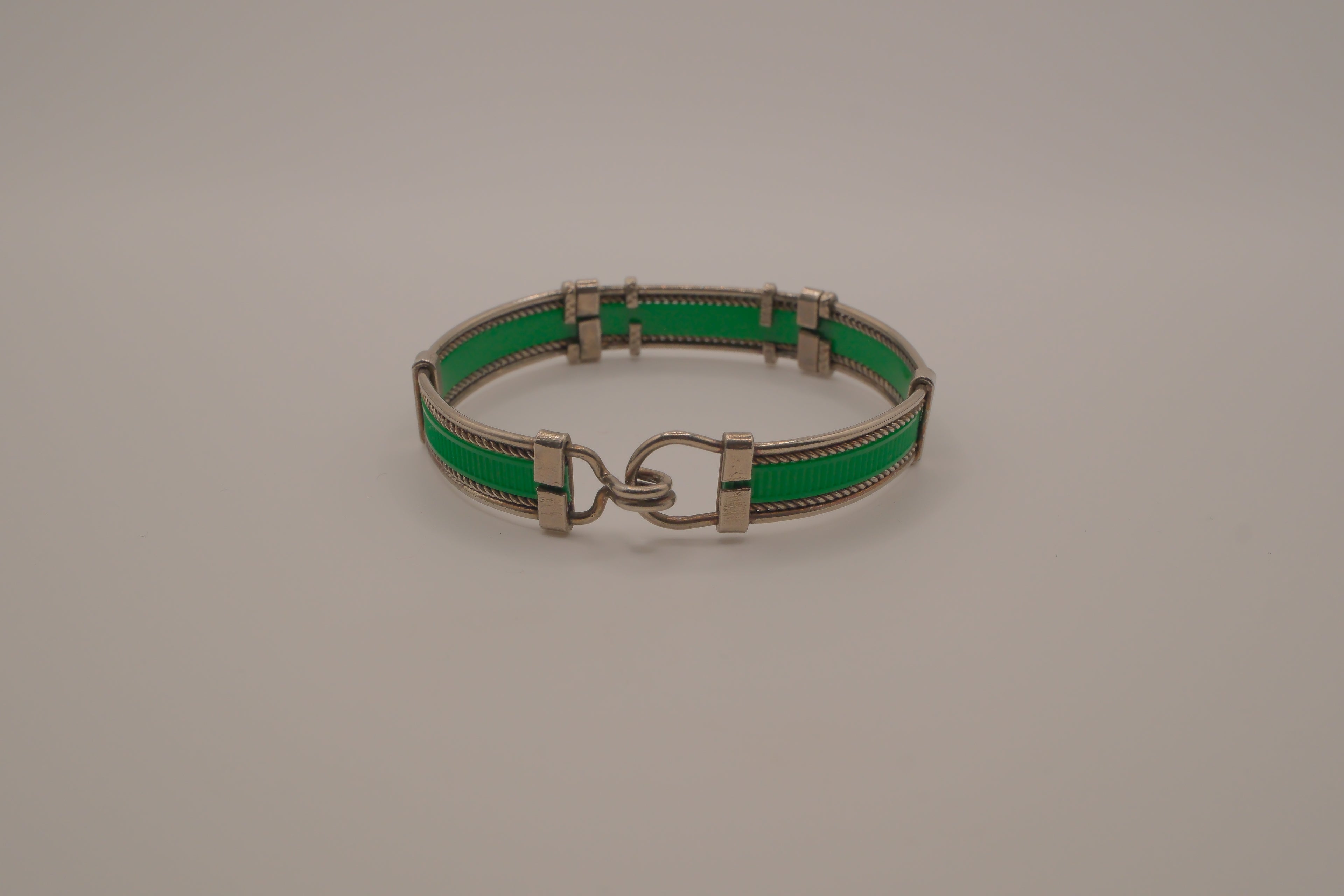 Vintage green enamel and silver panel link bracelet