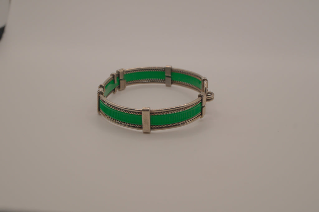 Vintage green enamel and silver panel link bracelet