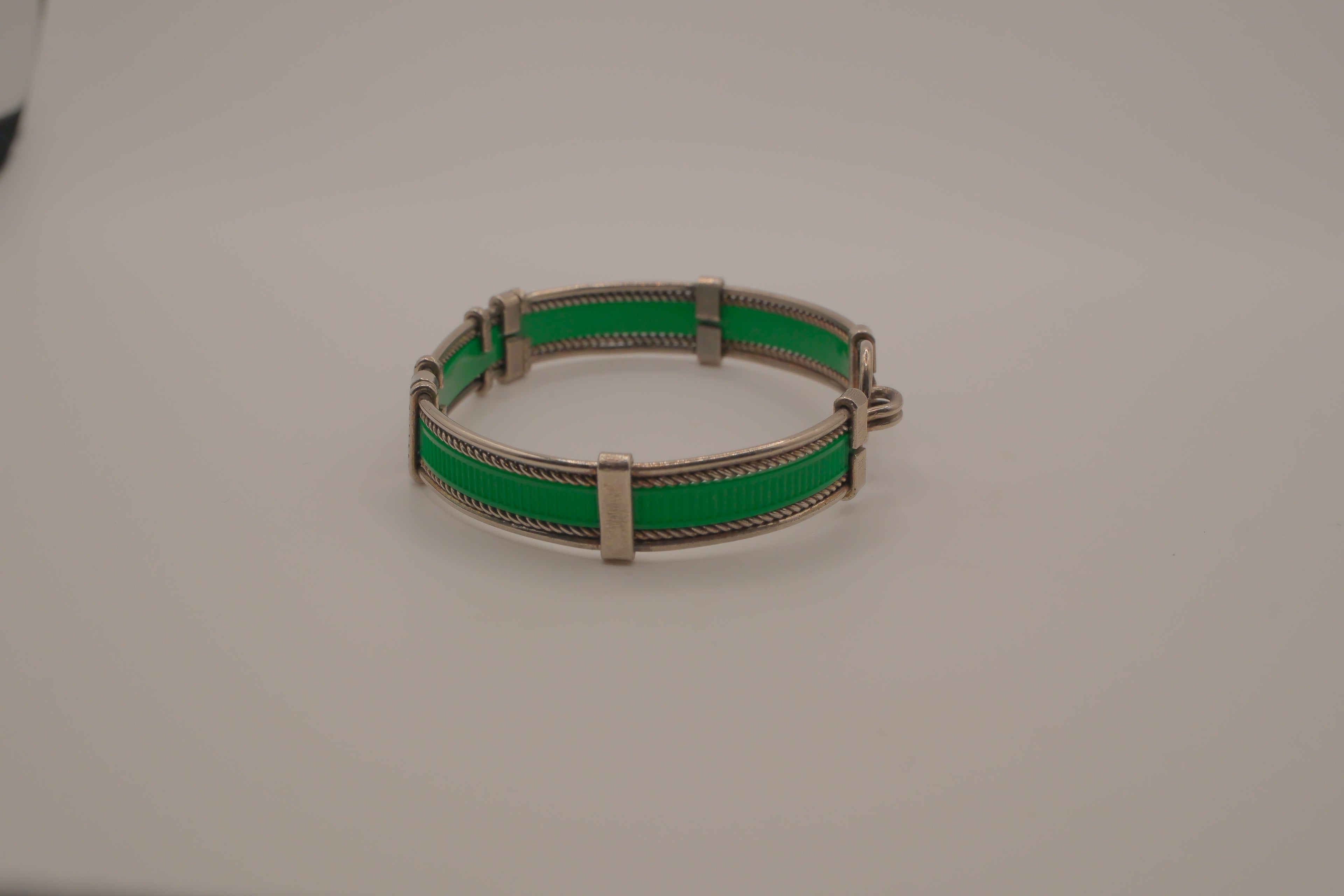 Vintage green enamel and silver panel link bracelet