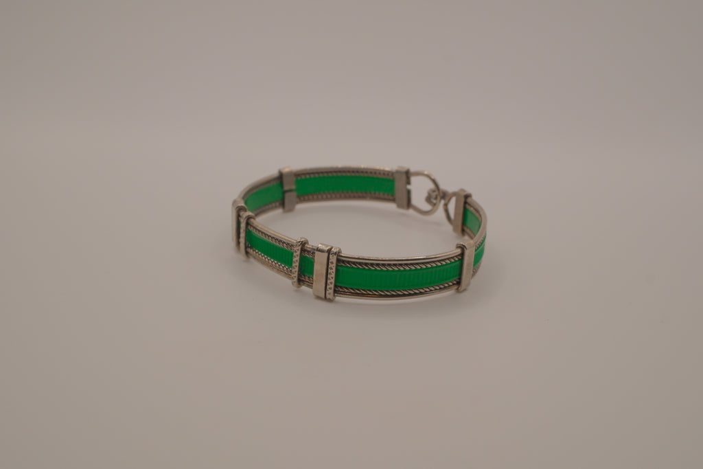 Vintage green enamel and silver panel link bracelet