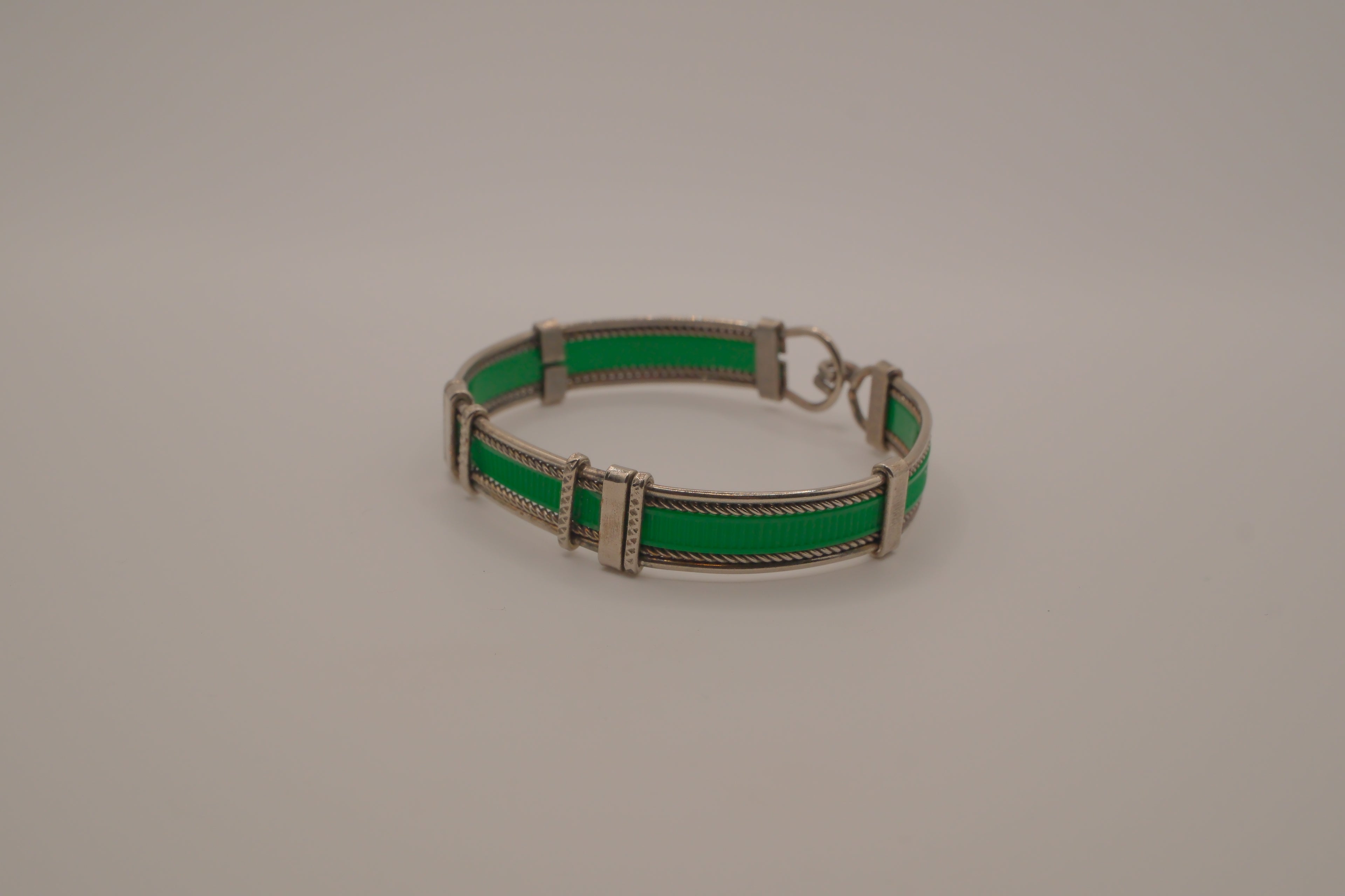 Vintage green enamel and silver panel link bracelet