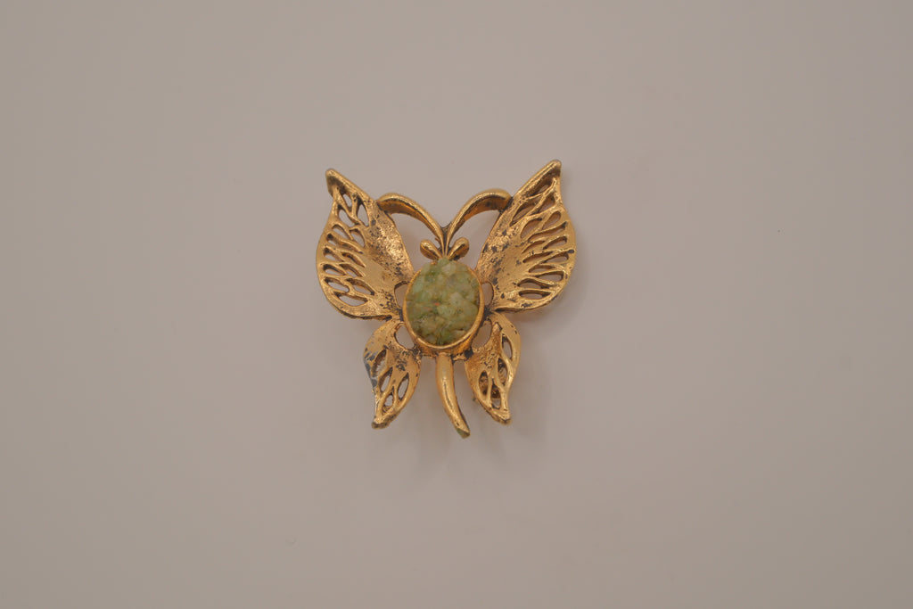 Vintage crushed jade gold-tone butterfly brooch