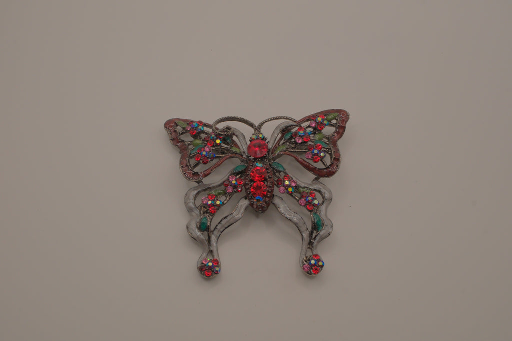 Vintage Red rhinestones filigree butterfly brooch