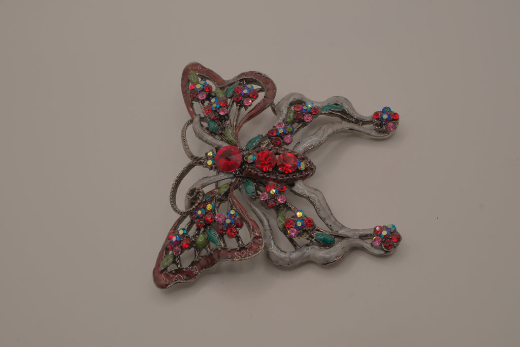 Vintage Red rhinestones filigree butterfly brooch