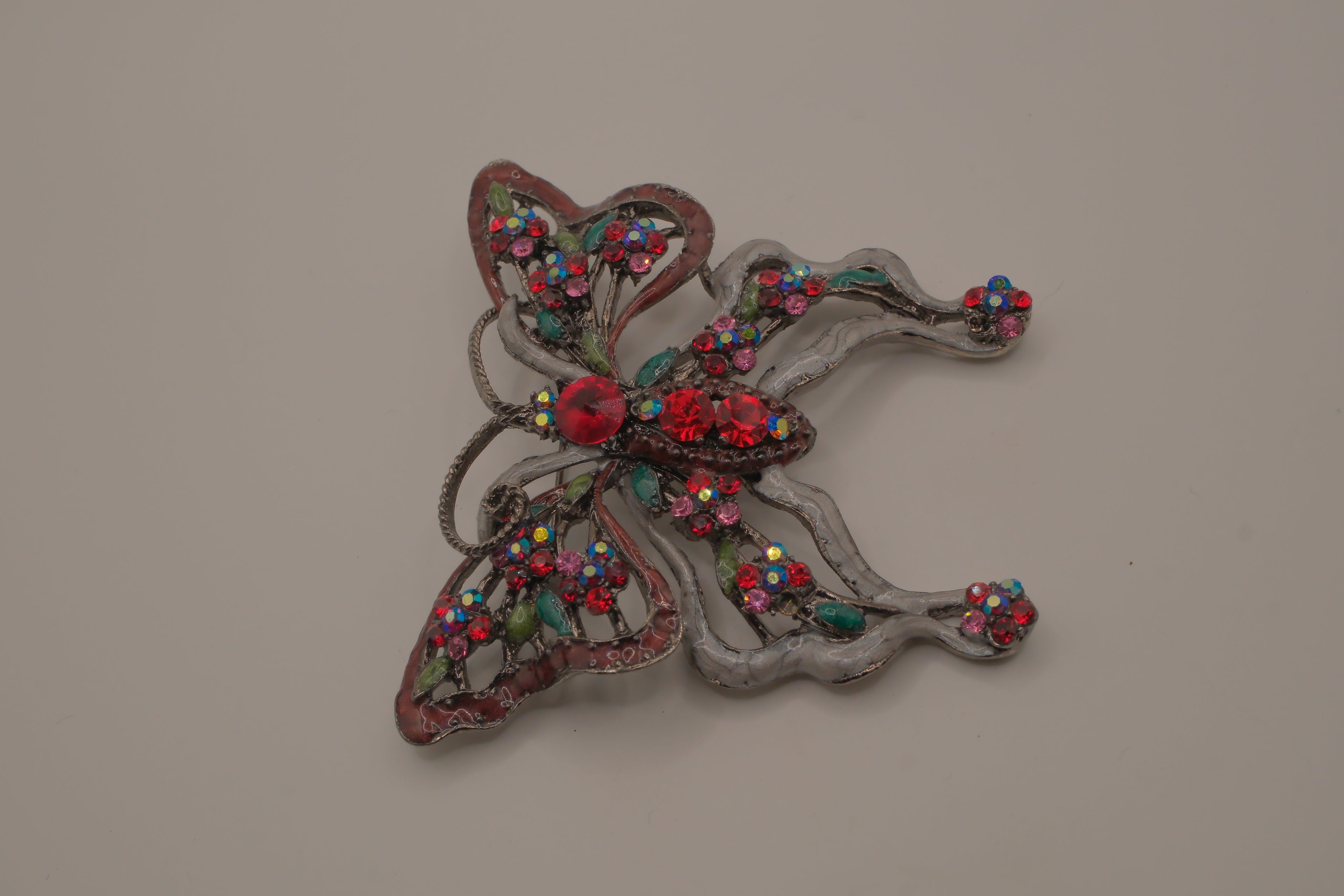 Vintage Red rhinestones filigree butterfly brooch