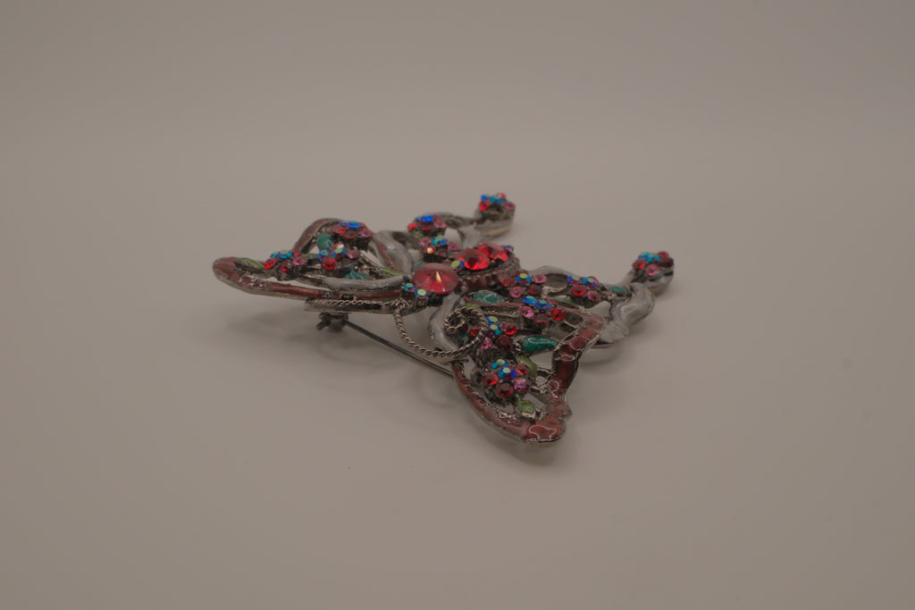 Vintage Red rhinestones filigree butterfly brooch