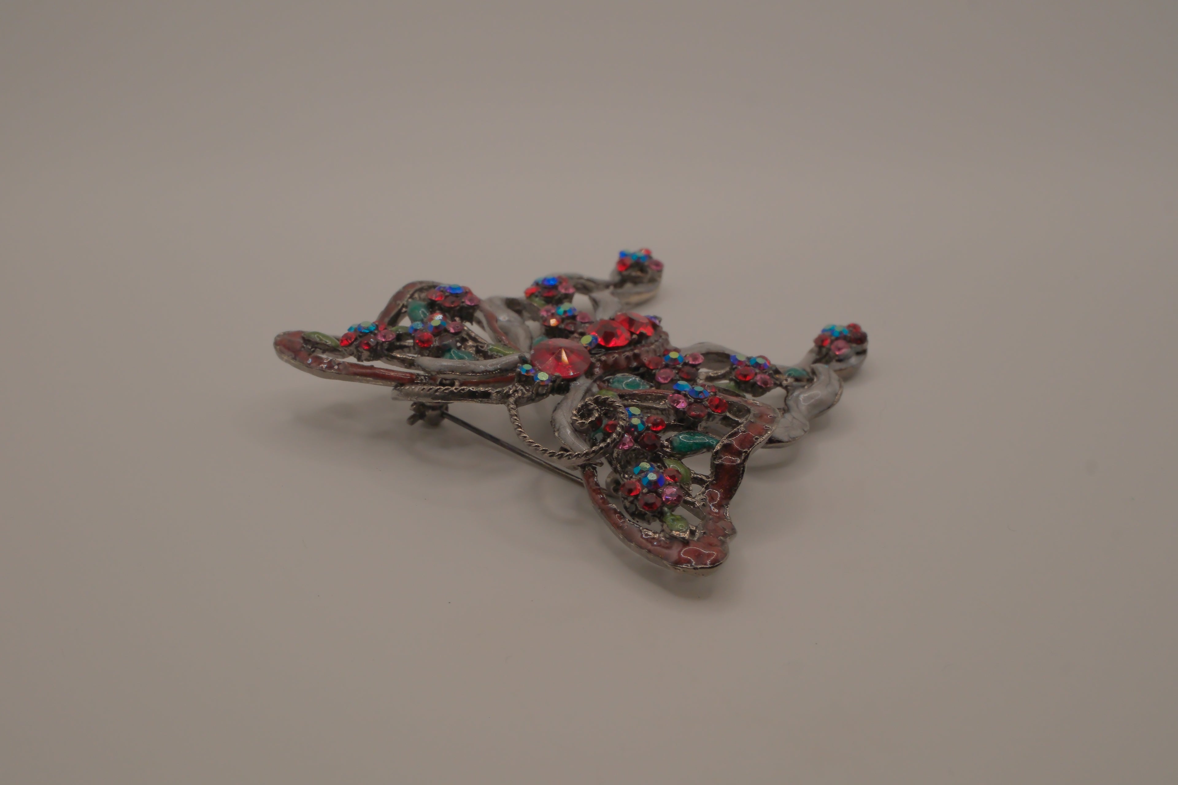 Vintage Red rhinestones filigree butterfly brooch