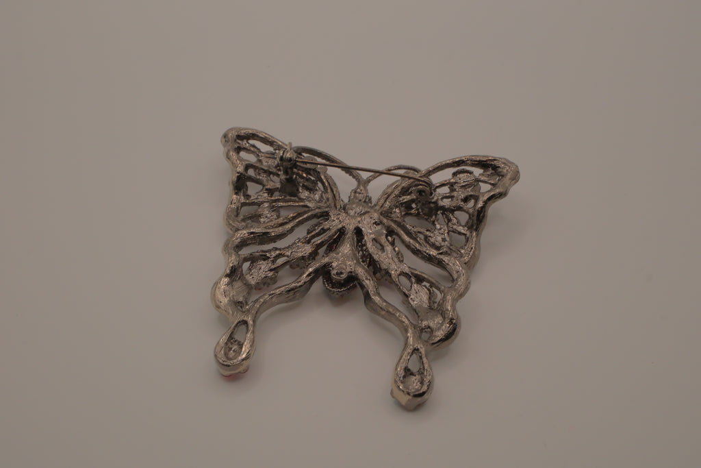 Vintage Red rhinestones filigree butterfly brooch