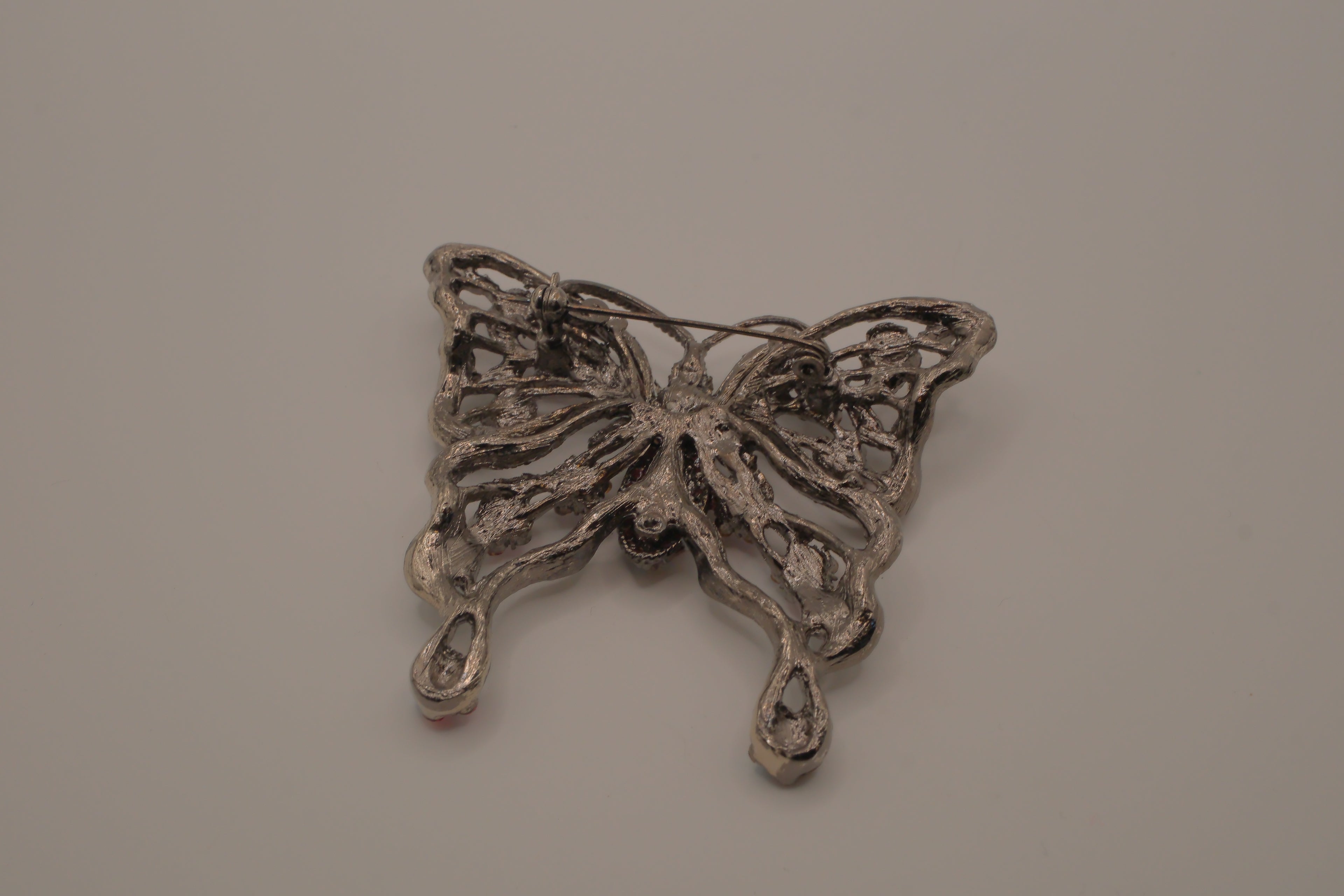 Vintage Red rhinestones filigree butterfly brooch