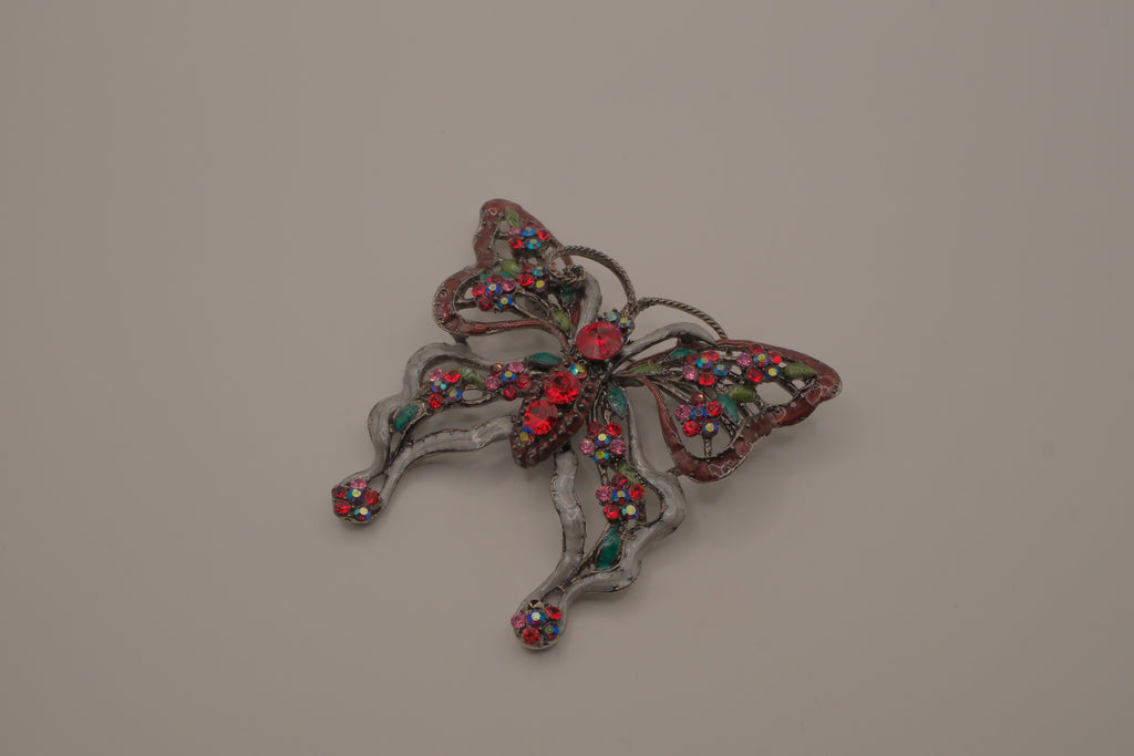 Vintage Red rhinestones filigree butterfly brooch