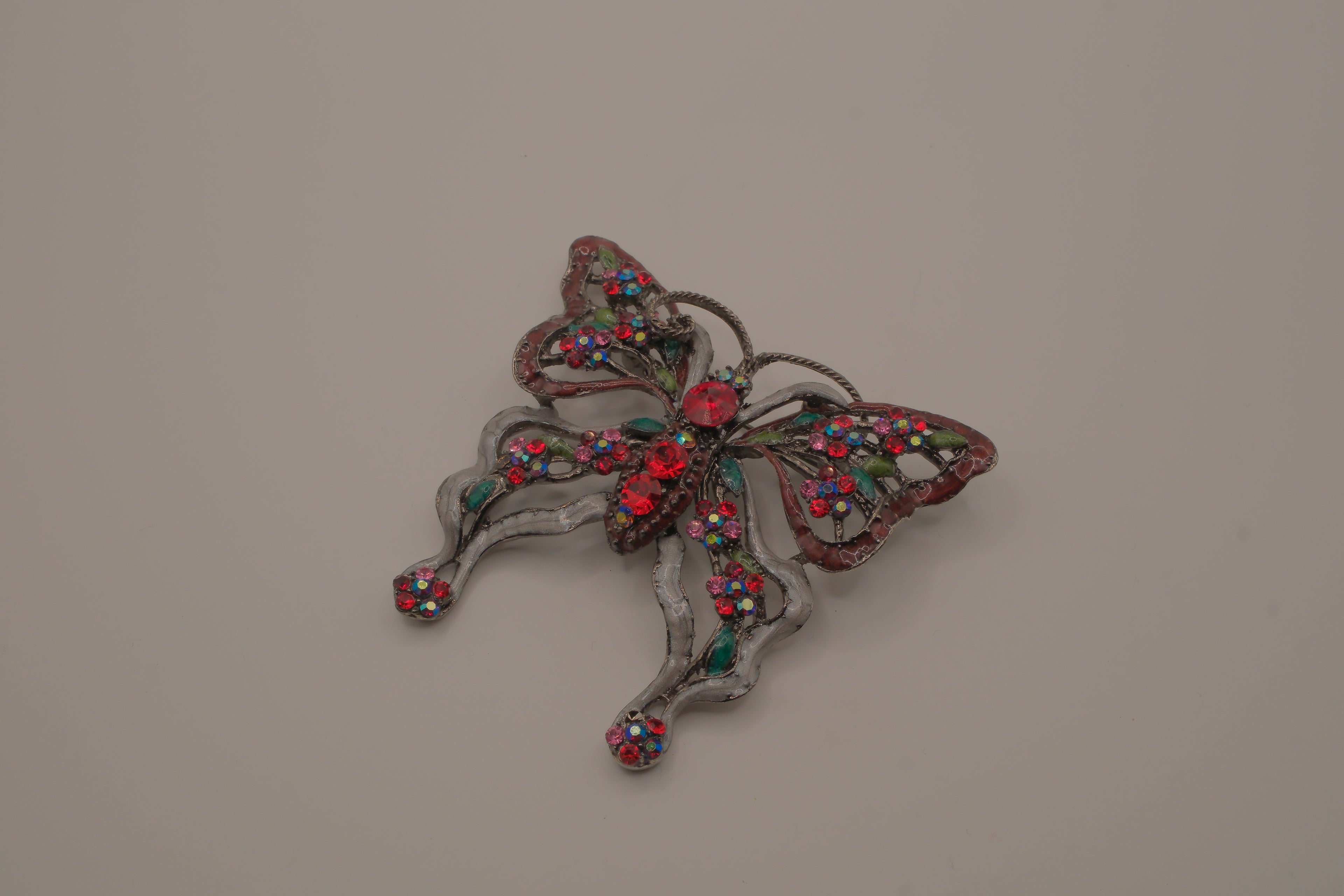 Vintage Red rhinestones filigree butterfly brooch